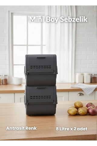 2'li Mini Boy Patates Soğan Sepeti Bpa Free Sebzelik Organizer Kutu Motek Antrasit 8 L Antrasit