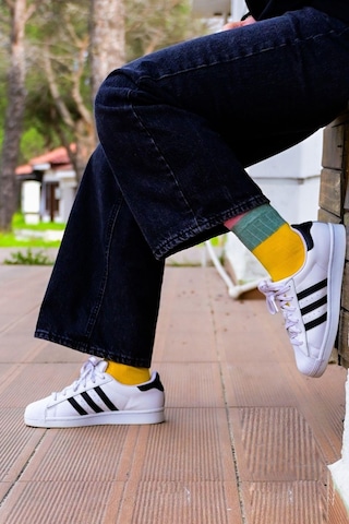 Kadın Sarı-yeşil Blok Desenli Soket Çorap Sarı