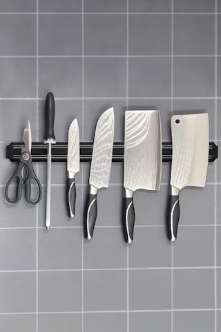 Thentech Duvara Asılabilir Mıknatıslı Bıçak Asma Aparatı 55cm Bıçak Askı Aparatı Metal Eşya Askısı Mıknatıslı Siyah