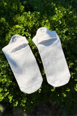 Lousocks Unisex Fil Burun Emoji Nakışlı Spor Patik Çorap Beyaz