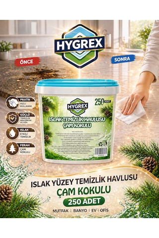 Hygrex Yüzey Temizlik Havlusu Çam Kokulu Islak Kova Mendil 250 Adet Ev Ofis Tüm Yüzeyler Beyaz