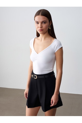 Dilvin 32843 Kısa Kollu Büzgülü T-shirt-beyaz