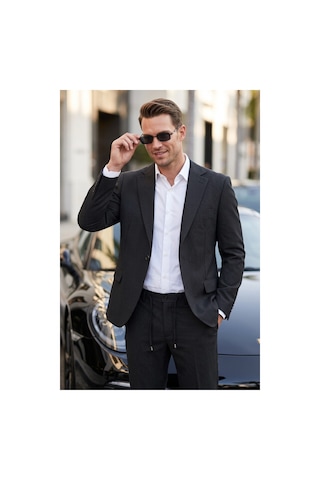 Deepsea Erkek Slim Fit Dar Kesim Çizgili Gofre Kumaş Siyah Takım Elbise Tek Düğme İpli Pantolon 2602311