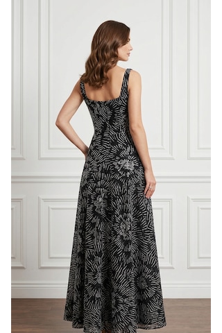 Uzer Abiye Işıltılı Sim Baskılı Jacquard Dokulu Kare Yaka Couture Premium Abiye Elbise,düğün Albisesi Siyah Gümüş