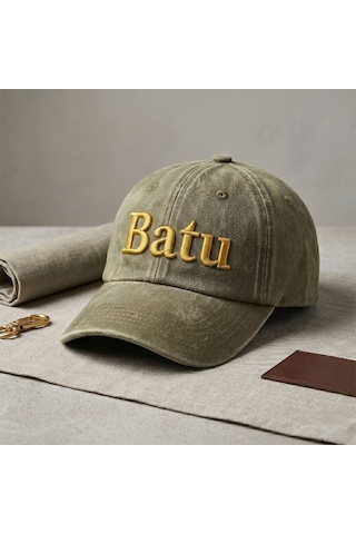 Bk Gift Kişiye Özel İsim Nakışlı Vintage Haki Beyzbol Şapkası Unisex Eskitme Kumaş Metal Tokalı