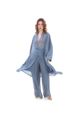 Bohem Stil Italyan Ipek Detaylı Oversize Kap Bluz- Wes Pantolon Takım-8789 Buz Mavisi