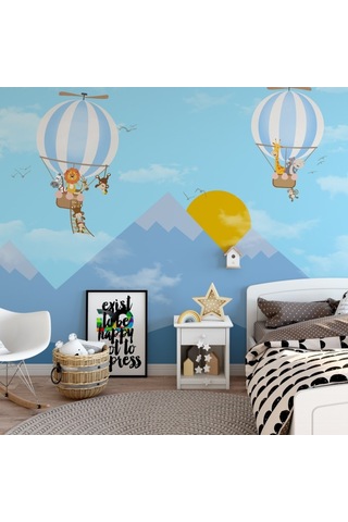 Dağ Güneş Ve Balon Çocuk Odası Posteri Mavi