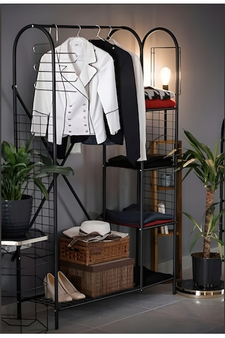 METAL 5 RAFLI AYAKKABILIK ELBİSE ASKILIĞI PORTMANTO VE GARDIROP Siyah