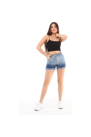 Cedy Denim Kadın Yüksek Bel Duble Paça Kot Şort Klasik Mini Jean Şort C604 Mavi