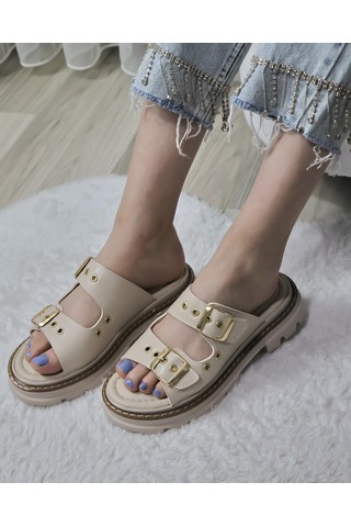 Asmi Shoes Kadın Çift Bant Kapsül Detaylı Kalın Taban Ortopedik Terlik Bej Bej