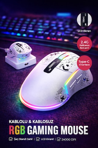 24000 Dpı Rgb Gaming Mouse Kablosuz + Bluetooth + Kablolu Lcd Ekranlı Şarj Standlı Profesyonel Oyuncu Mouse X-ks2n