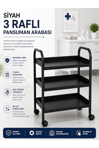 3 Katlı Siyah Pansuman Ve Cihaz Arabası