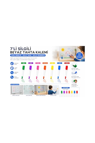 Bakgelal 7'li Silgili Beyaz Tahta Kalemi Akrilik Çizim Panosu Uyumlu Renkli Set Çok Renkli