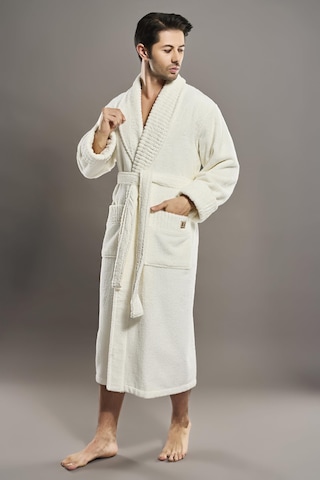 Yaka Fitilli %100 Organik Cotton Cotton Erkek Bornozu Krem