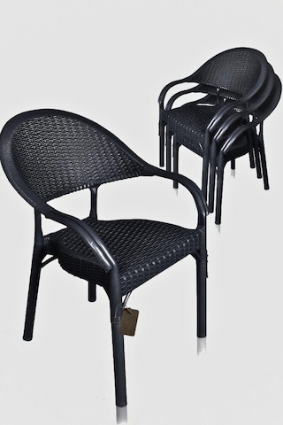 4 Adet Bambu Rattan Kollu Sandalye Koltuk Siyah Siyah