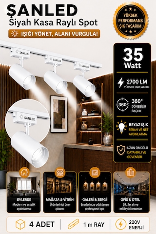 Led Beyaz Kasa Beyaz Işık 35w Raylı Spot / 4 Adet 1 Metre Ray