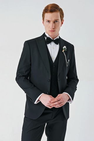 İmza Siyah Çıkarılabilir Kırlangıç Yaka Yelekli Likralı 6 Drop Slim Fit Smokin Damatlık 1001240200-Siyah