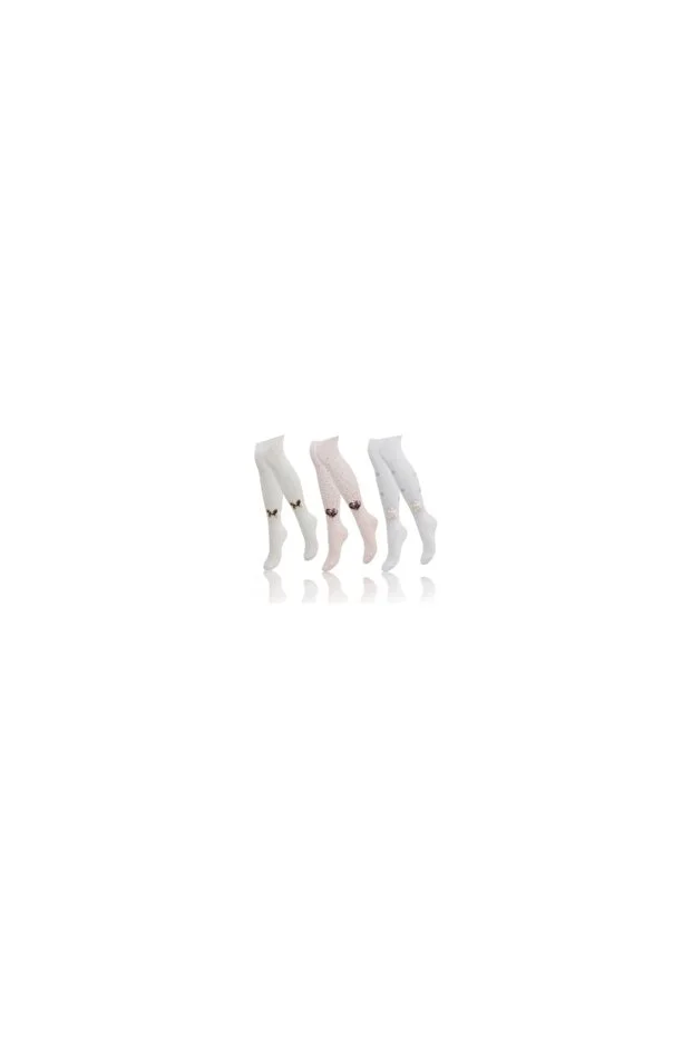 Veraye Socks Kız Külotlu Çorap Pullu Taş Baskılı Pamuklu Penye 3'lü Beyaz-krem-pembe