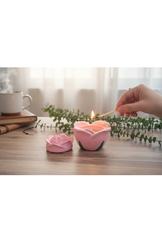Kapaklı Pembe Gül Şeklinde Dekoratif Hediye Gül Mumluk