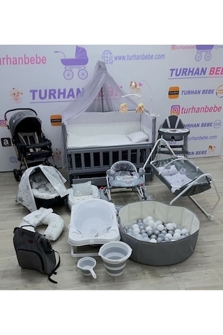 Yeni Doğan Moje Gri Lüx Bebek Çeyiz Seti 28 Parça Çekmeceli Beşik Bebek Arabası Hamak... Gri