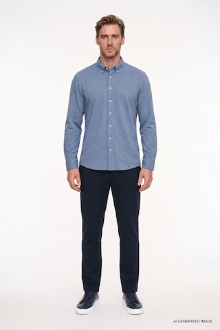 AC&Co / Altınyıldız Classics Erkek Indıgo Pamuklu Tailored Slim Fit Dar Kesim Düğmeli Yaka Örme Gömlek Indigo