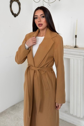 Alemdarshop Camel Kuşaklı Midi Kaban
