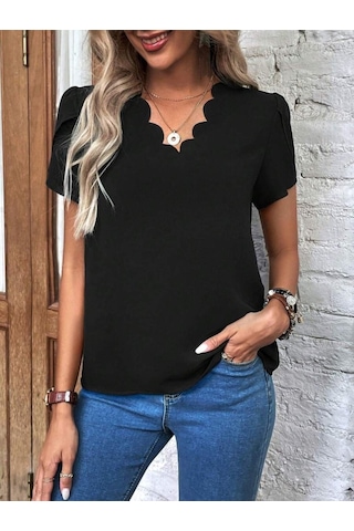 Kadın Kısa Kollu Lazer V Yakalı Ithal Krep Bluz Siyah