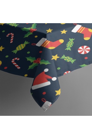 Noel Desenli Dikdörtgen Masa Örtüsü 60x84 İnç, Su Geçirmez Ve Leke Tutmaz Noel Çorap Şeker
