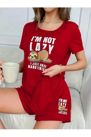 Reka Moda Kadın Kısa Kollu Bisiklet Yaka Baskılı Viskon Bluz Ve Şort Ikili Takım Kırmızı