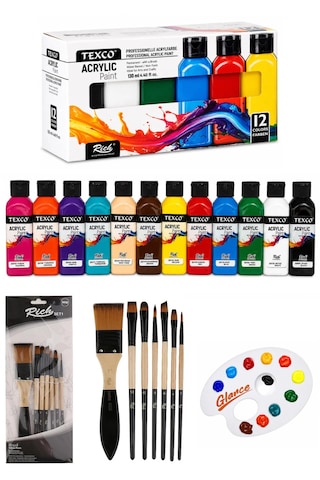 Texco Akrilik Boya Seti 12 Renk 130 Ml Canlı Renkler Rich Karma Fırça Seti 7li Set Karışık Renk