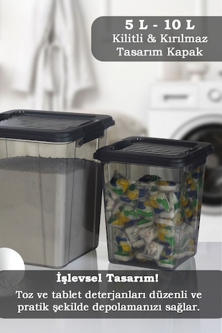 2'li Set 5-10l Kilit Kapak Saklama Kutusu Deterjanlık - Un Bakliyat Erzak Saklama Kabı Organizer Box Siyah