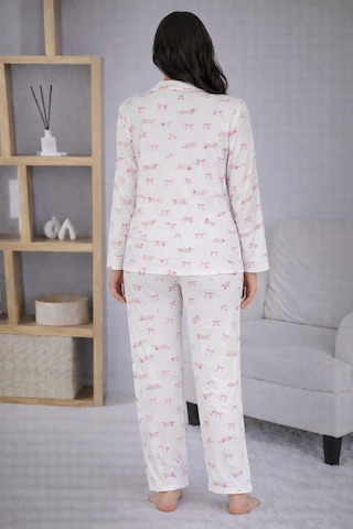 Pemilo Kadın 7117 Düğmeli Uzun Kol Pijama Takımı Beyaz