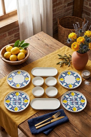 Limon 10 Parça 4 Kişilik Handmade Stackable Seramik Tabak Seti Premium Sunum & Kahvaltı Takımı Beyaz