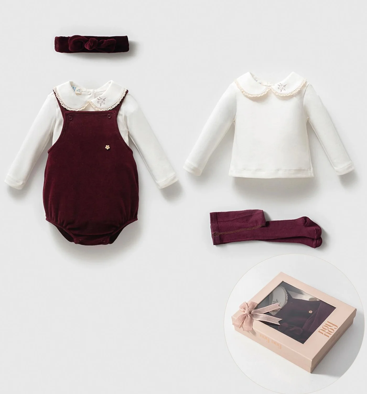 Momercy Kız Bebek Kadife Tulum Salopet Body Çorap Bandana Kutulu Hediyelik 4lü Set Bordo