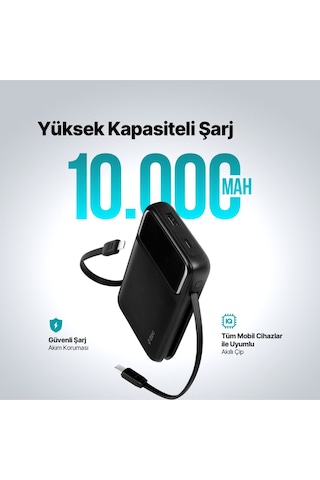 Ttec 2bb215s Recharger Pro Lcd 10.000 Mah Pd 22,5w Lightning Ve Usb-c Dahili Kablolu Taşınabilir Hızlı Şarj Aleti Siyah