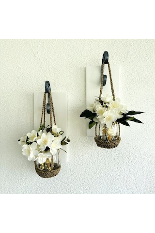 Duvar Dekoru, Led Işıklı, Beyaz Yasemin Çiçekli, Beyaz Aplik İkili Set