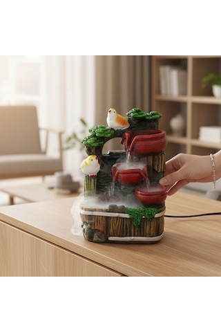 Dekoratif Kuşlar Figürlü Renkli Led Işıklı Su Şelalesi