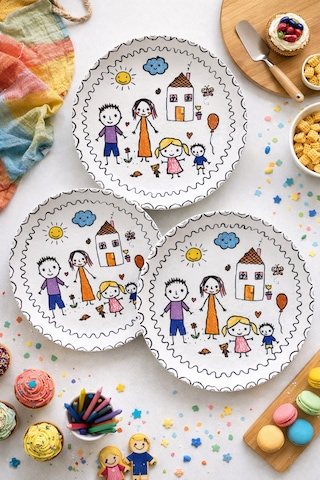Çocuk Ve Aile Temalı Servis Tabağı Seti 6 Adet, 27 Cm Sevimli Aile Pasta, Tatlı, Kahvaltı Tabağı Çok Renkli