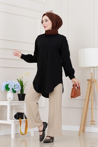 Sevitli Göğüsü Taş Detaylı Oversize Tunik-siyah-5225 Siyah