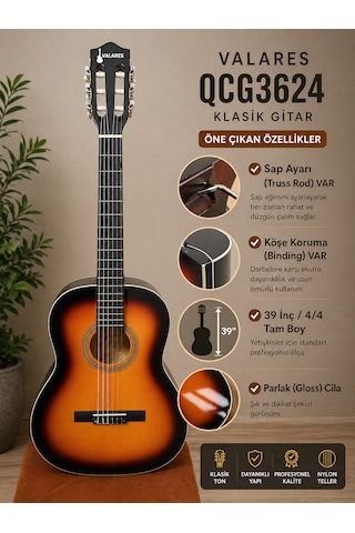 Valares Qcg3624 Klasik Gitar 39 4/4 Tam Boy Sap Ayarlı Truss Rod Köşe Korumalı Askı Aparatlı Parlak Gloss Sunburst