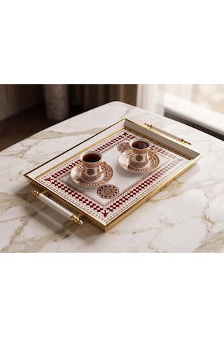 Dijital Baskılı Cam Servis Tepsisi Sedef Motifli, Metal Kulplu 46x28 Cm