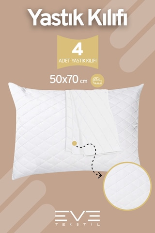 Eve Tekstil 4 Adet Diamon Kapitone Antibakteriyel Fermuarlı Yıkanabilir Otel Lüks Yastık Kılıfı 50x70cm Beyaz