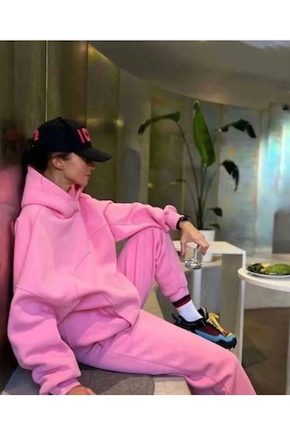 Reka Moda Nakış İşlemeli Üç İplik Sweat Takım- Pembe Pembe