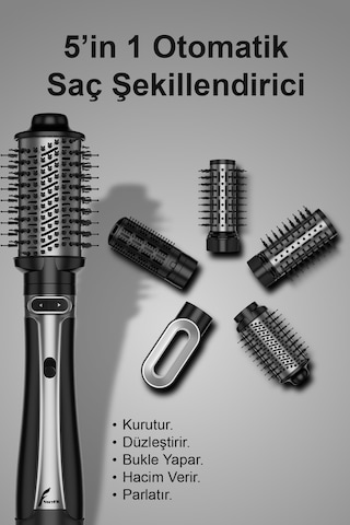 5 İ 1 Arada Otomatik Dönen Hava Üflemeli Saç Şekillendirici Ve Kurutma Seti - 1200w. Siyah