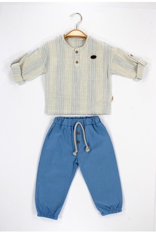 Babyhola Bayramlık Erkek Bebek İkili Takım Katlanabilir Kollu Müslin Üst Ve Pantolon Set 2218 Mavi