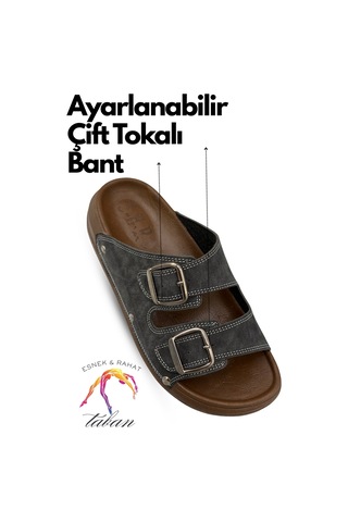 Sermoda Erkek Terlik - Çift Toka Ayarlanabilir Esnek Taban Deri Erkek Terlik T Füme