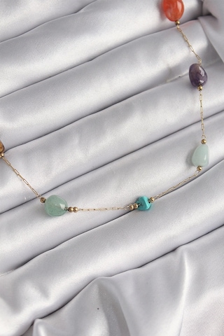 316l Çelik Gold Renk Zincir Renkli Doğaltaş Model Kadın Kolye Çok Renkli