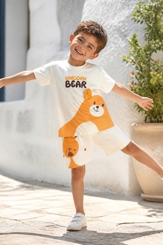 Eray Alp Kids Erkek Çocuk Beyaz Baskılı Ayıcık Tişört Şort Takımı Yazlık Günlük Model