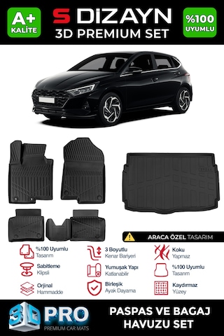S-dizayn Hyundai İ20 3d Pro Havuzlu Paspas Ve Bagaj Havuzu Seti 2'li Set 2020 Üzeri A+ Kalite