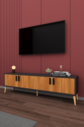 Asra Trend Tv Ünitesi T-05 %100 MDF 160 cm Tv Sehpası 4 Kapaklı Raflı Petra-Koyu Gri